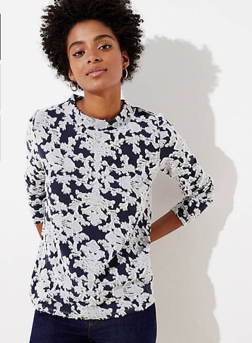 LOFT Blue White Floral Long Sleeve Top Large NWT